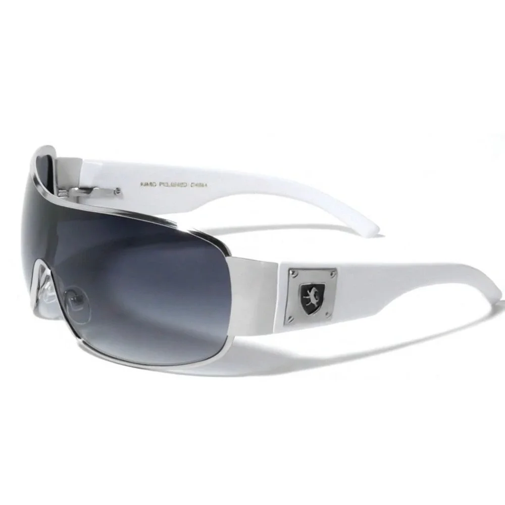 Men Shield Sunglasses Silver White Wrap Oversize Smoke Gradient Lens Performance